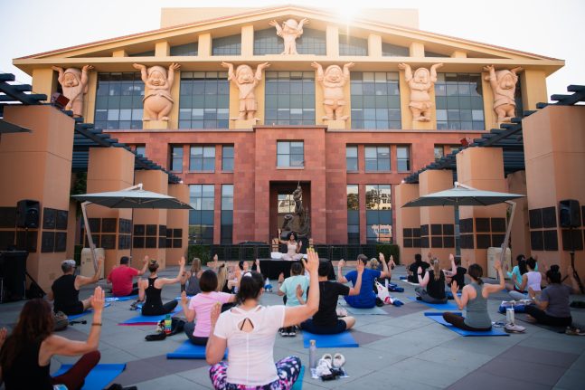 Disney Cast doing yoga, Disneyland Resort