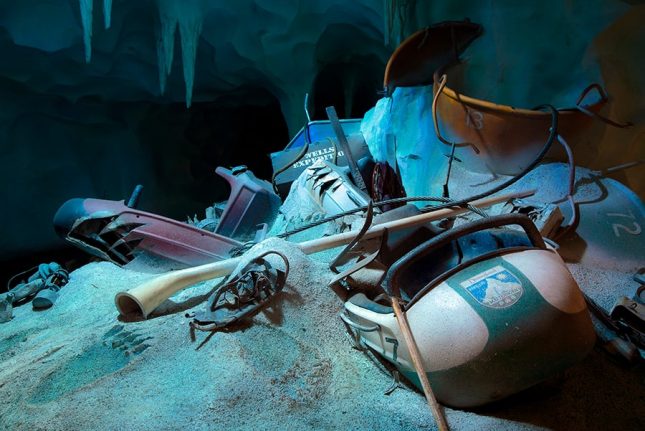 Mountaineering supplies and treasures scene in Matterhorn Bobsleds, Disneyland attraction