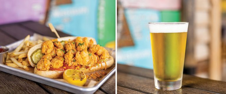 Shrimp Po Boy Sandwich, Crooked Can Sunshine Mango Lager