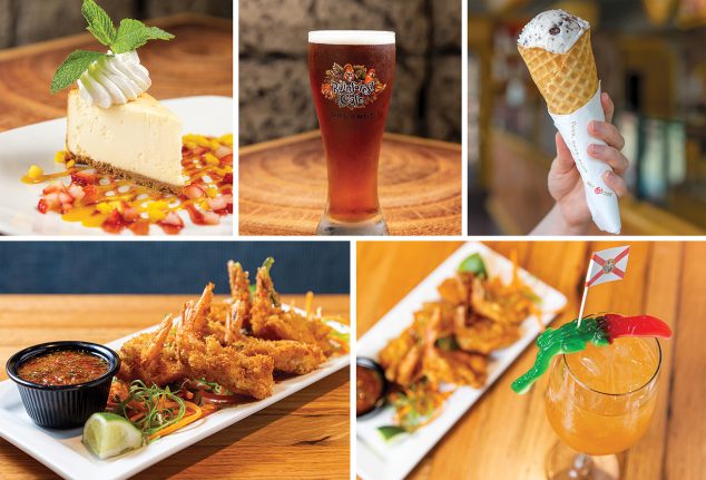 Florida Strawberry Cheesecake, Yuengling Traditional Lager, Exquisito Guanabana Stracciatella, Jalapeno Shrimp Poppers, Mango Doladira Spritz