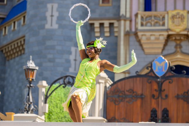 Princess Tiana on stage at Walt Disney World