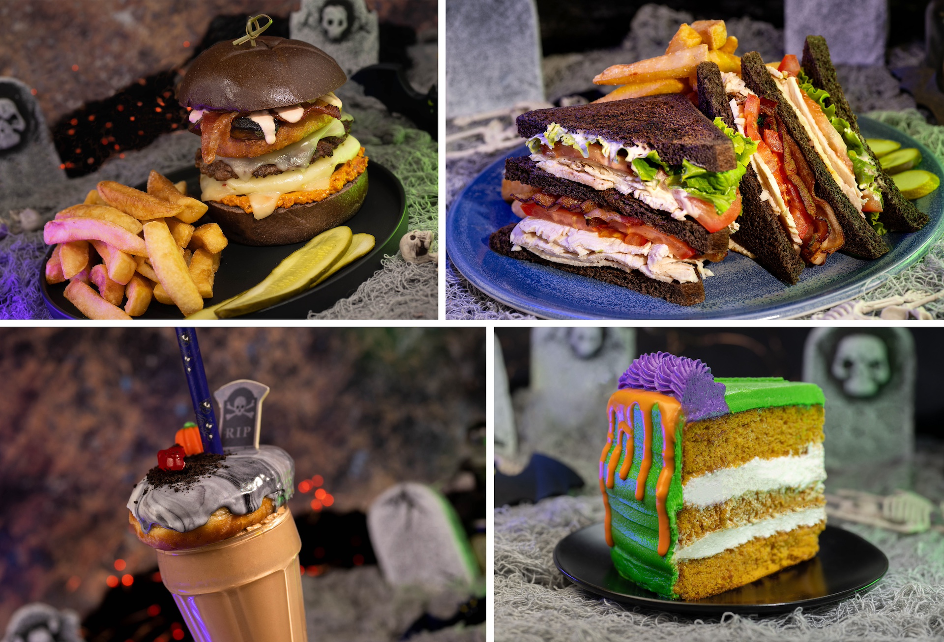 The Plaza Restaurant Ghoulishly Gourmet Burger, Turkey Club, Graveyard Milk Shake, Layered Pumpkin Cake with cream cheese mousse