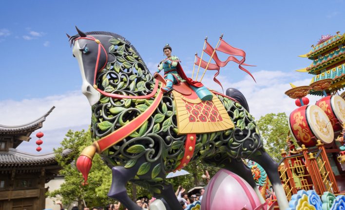 Mulan rides a warhorse in Mickey’s Storybook Express parade at Shanghai Disneyland