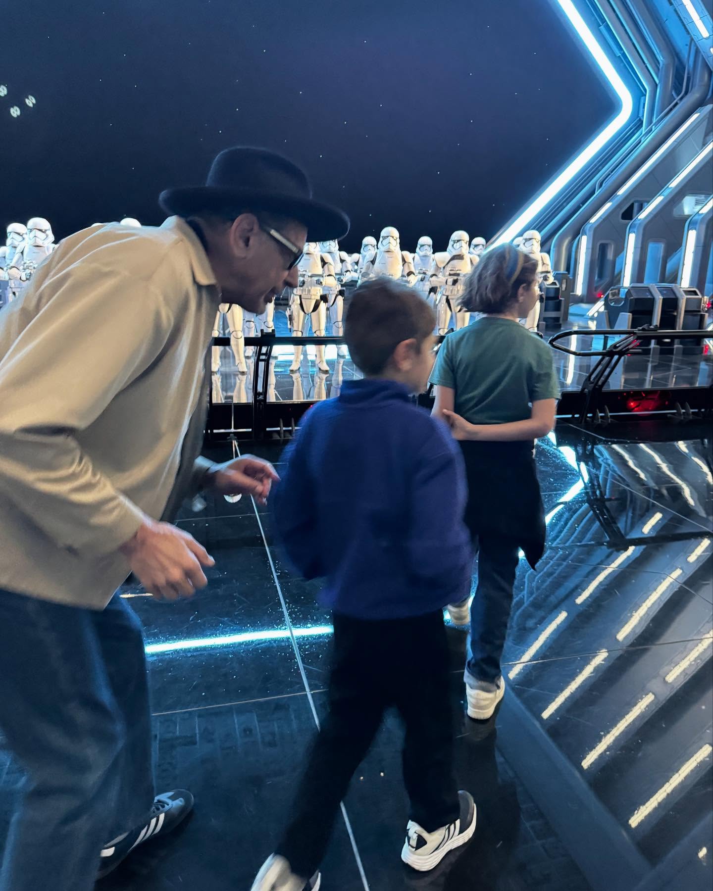 Jeff Goldblum and family on Disney's Rise of the Resistance.