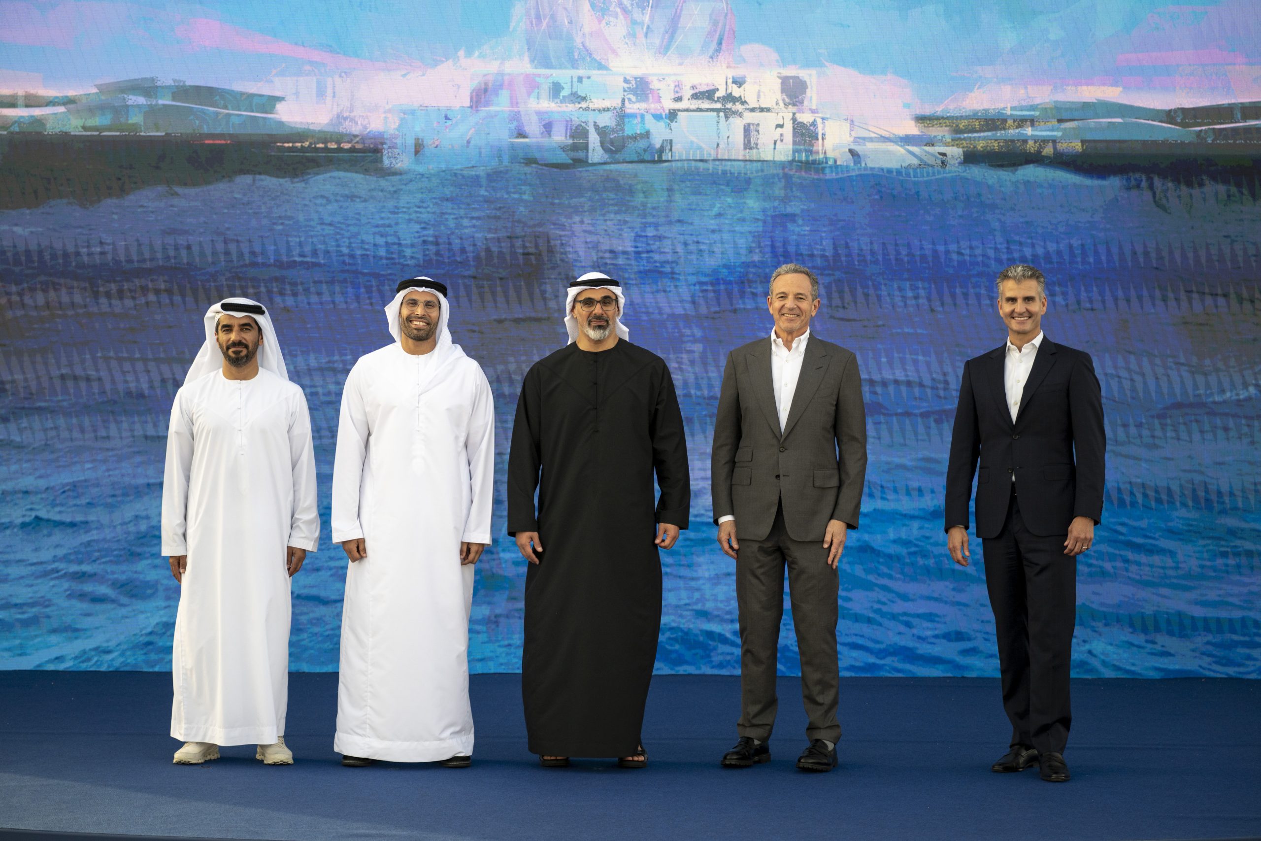 Pictured: Mohamed Abdalla Al Zaabi, CEO of Miral, His Excellency Mohamed Khalifa Al Mubarak, Chairman of Miral, His Highness Sheikh Khaled bin Mohamed bin Zayed Al Nahyan, Crown Prince of Abu Dhabi, Bob Iger, CEO of The Walt Disney Company, Josh D'Amaro, Chairman, Disney Experiences