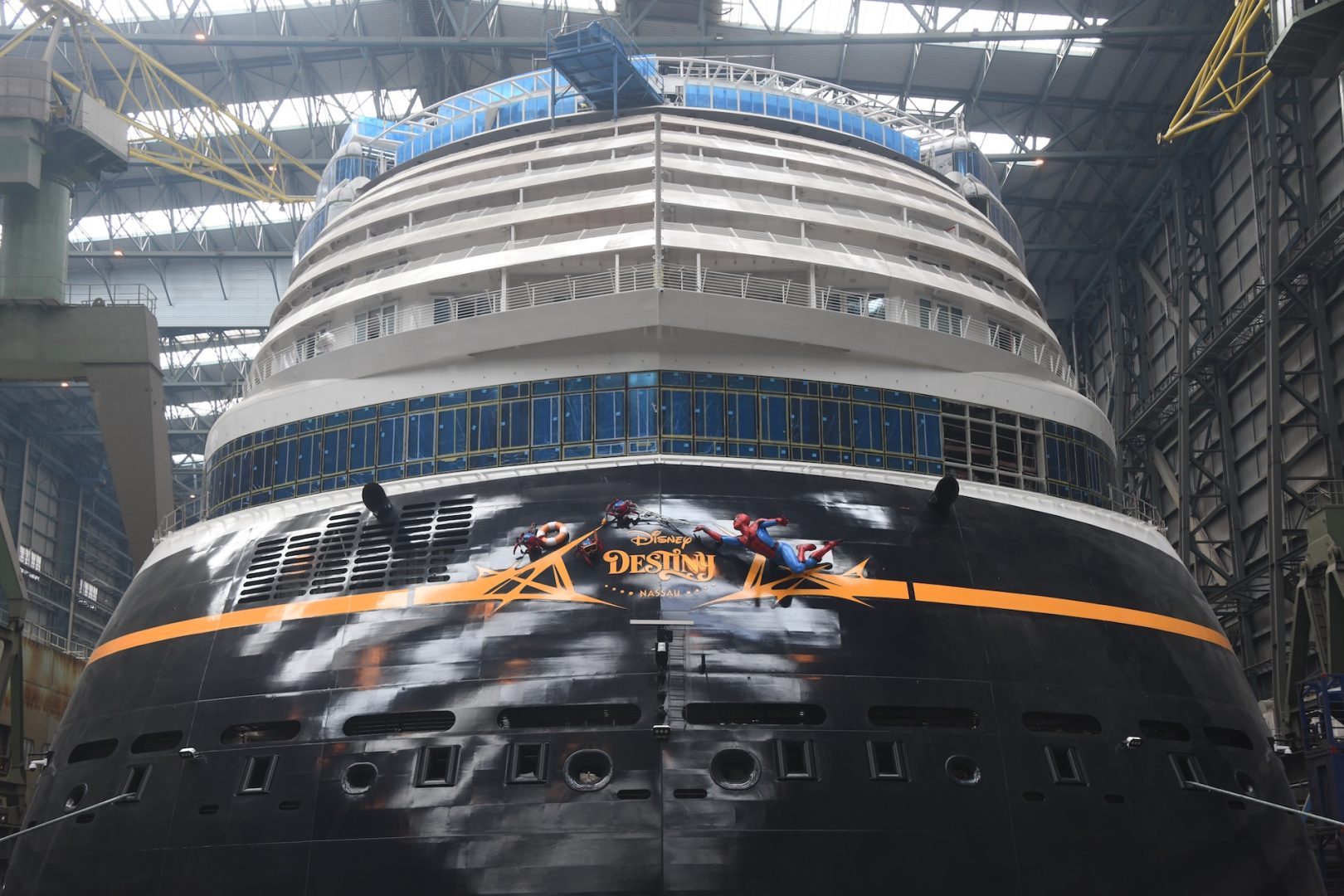 Spider-Man and Spider Bots adorn the stern of the Disney Destiny