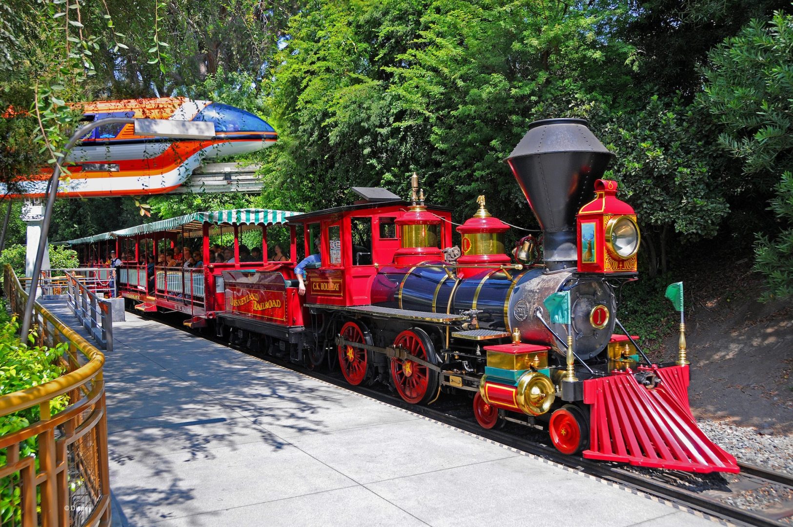 Disneyland Railroad train passing in the daytime