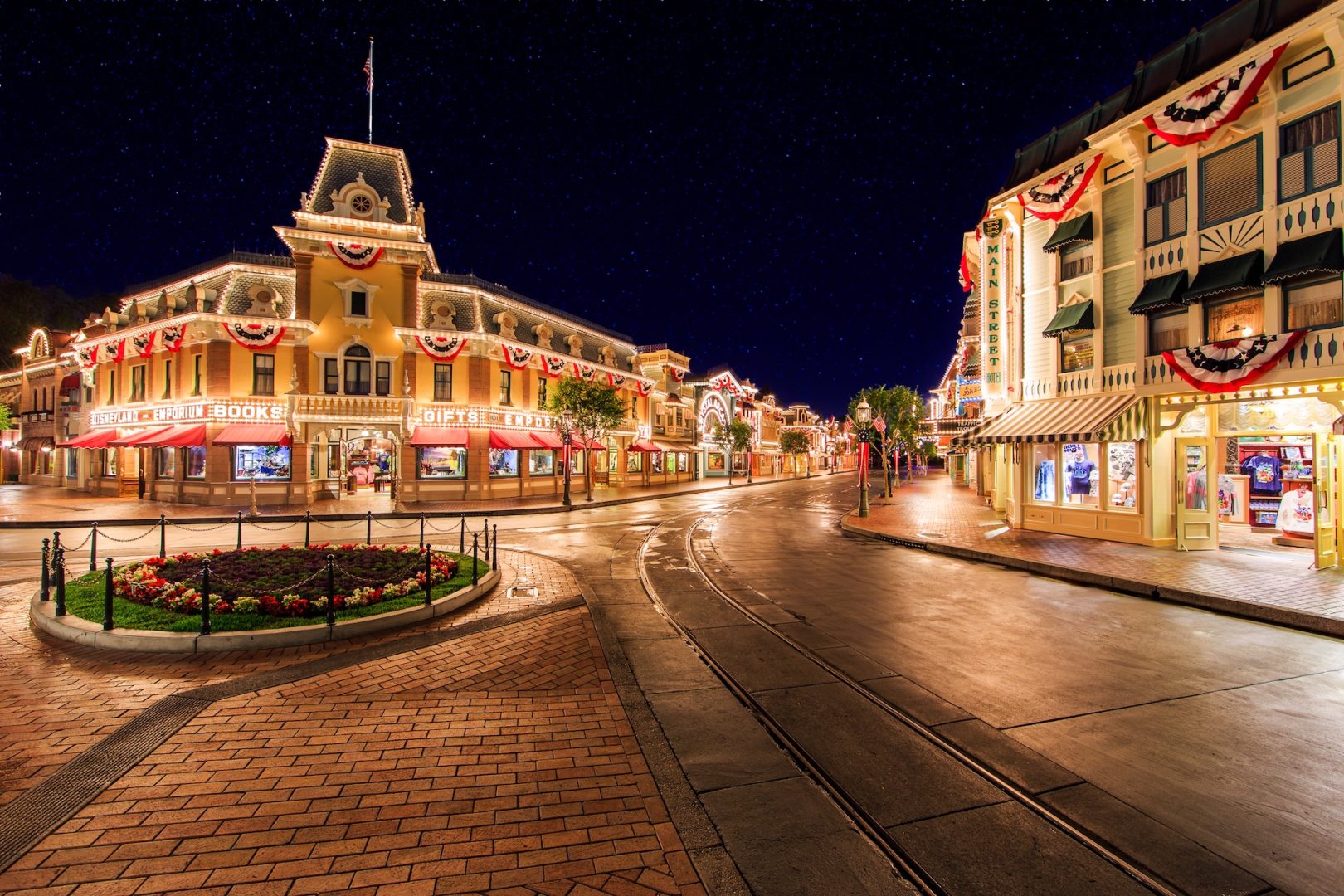 Main Street U.S.A. empty and lit up at night