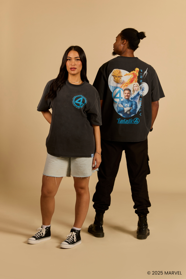 Man and woman wearing Cakeworthy Fantastic Four t-shirts