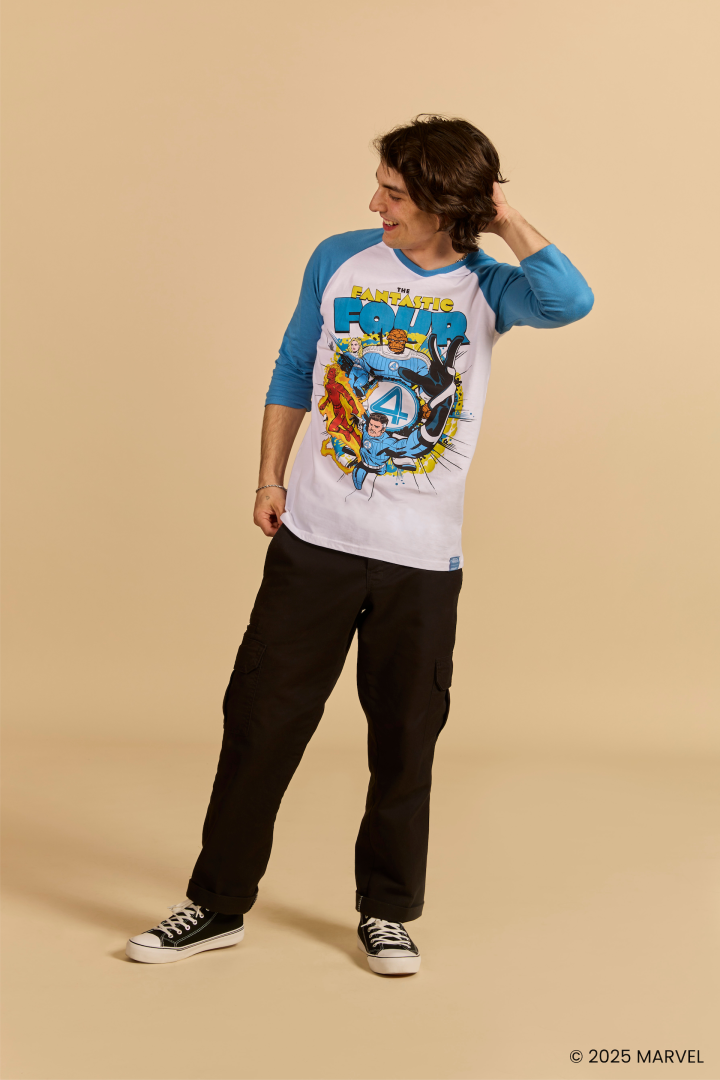 Man wearing Cakeworthy Fantastic Four Raglan Shirt