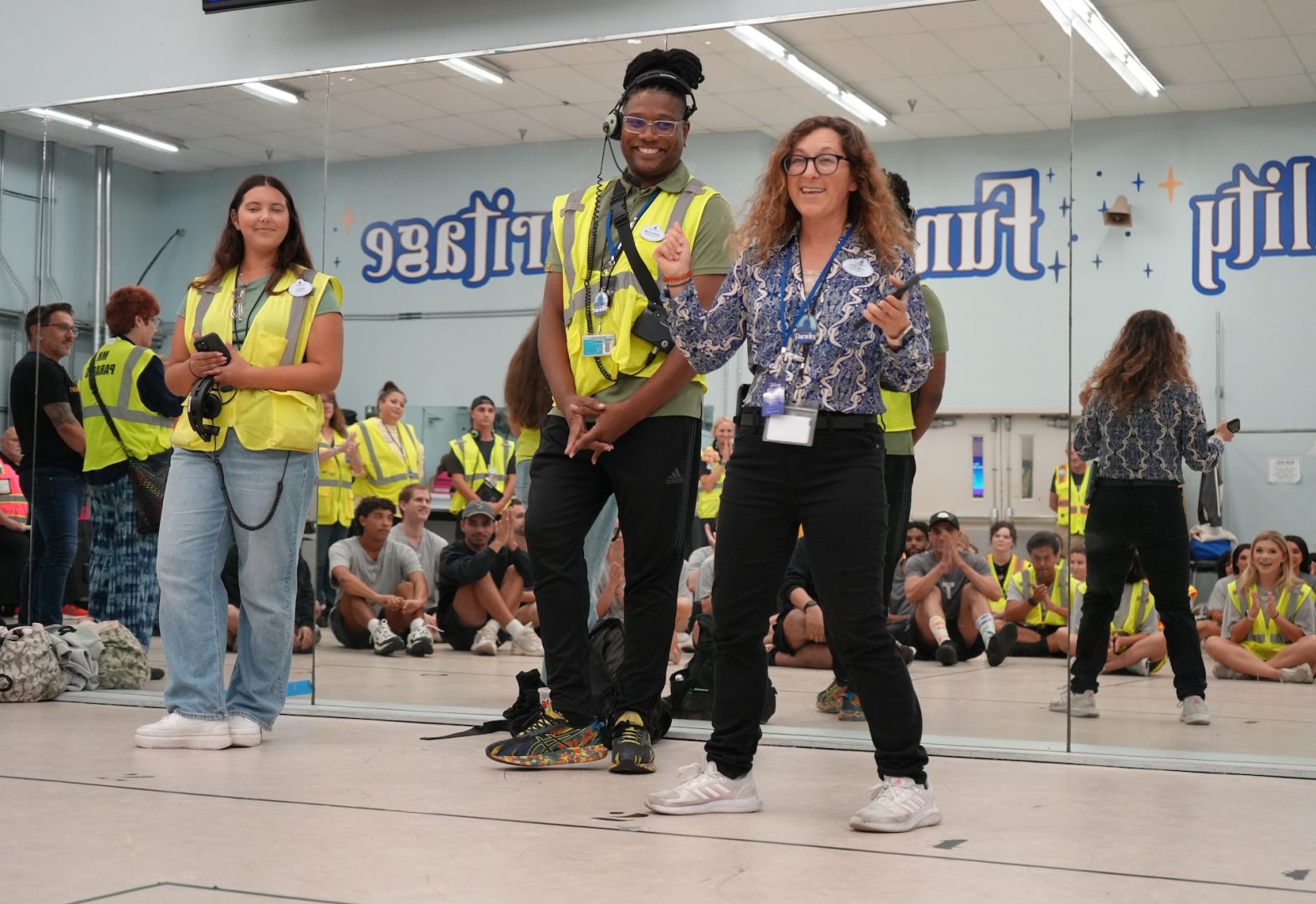Lexi, Michael & Casey, Entertainment Leaders with performers in the rehearsal room