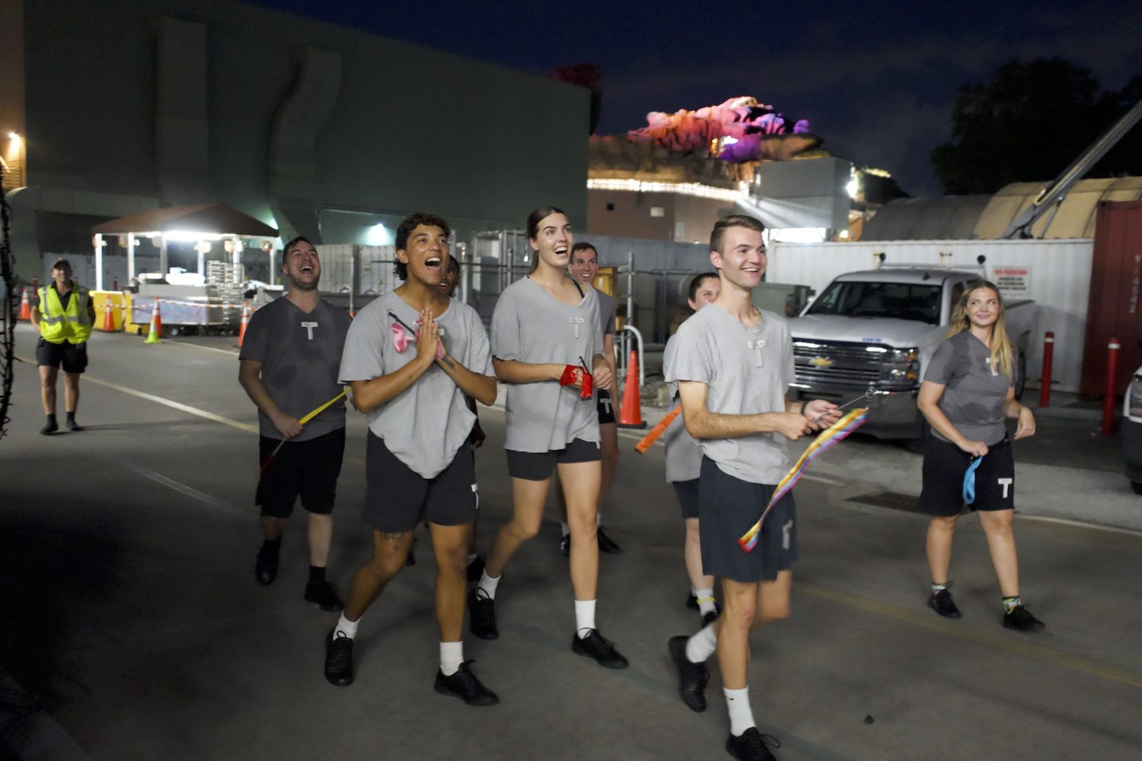 Stefan, Yavier, Lauren and Kollin, Performers reacting to Disney Starlight floats
