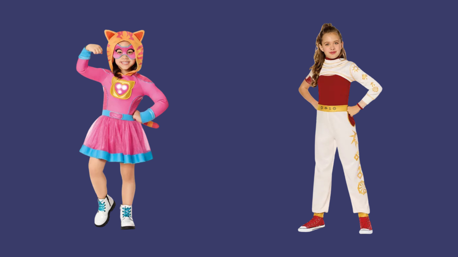 Disney Jr.’s SuperKitties Spirit Halloween Toddler Ginny Costume and Spirit Halloween Kids Nova Jumpsuit Costume inspired by the Disney Channel Original Movie “Zombies 4: Dawn of the Vampires”