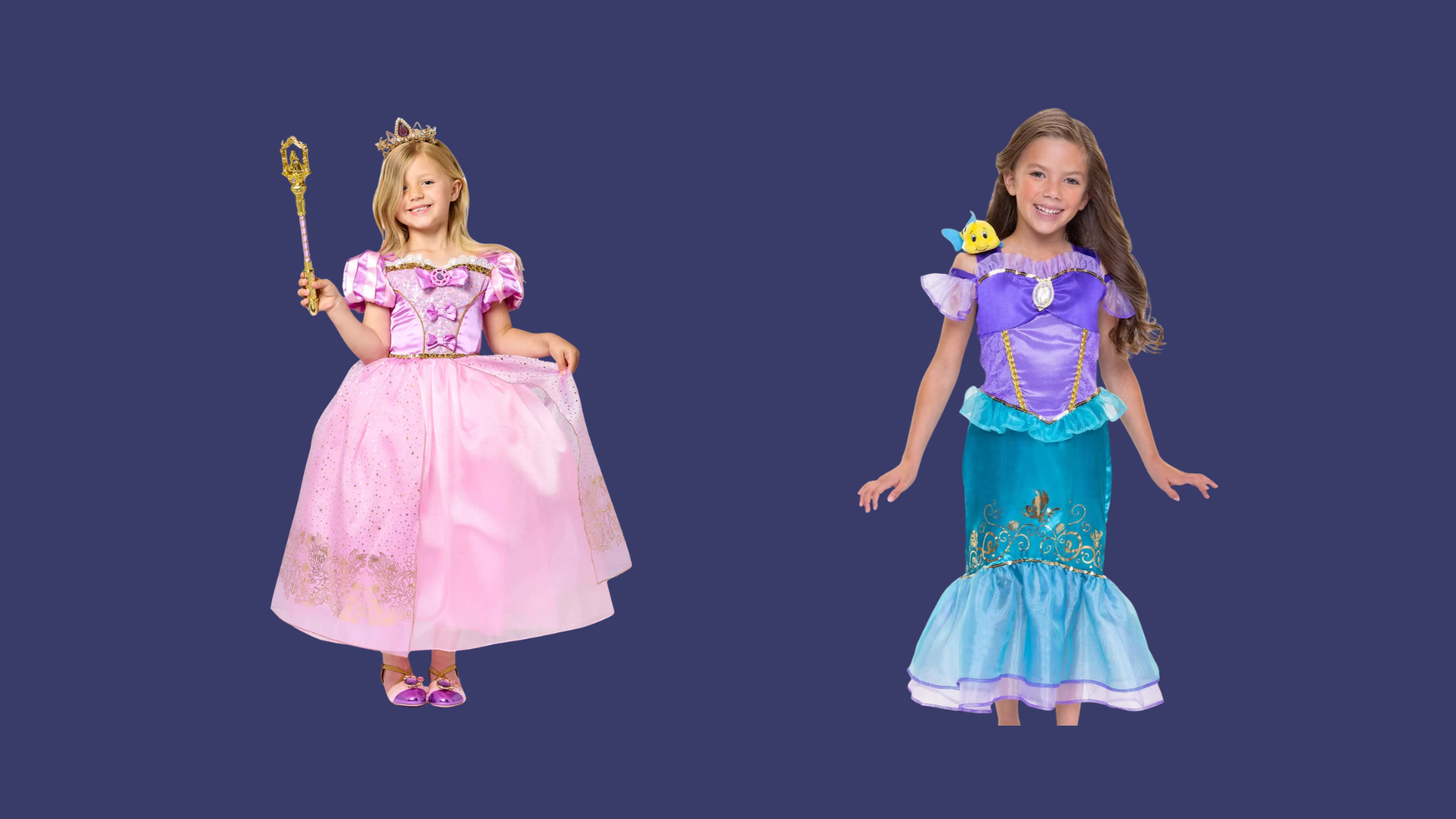 Tangled Rapunzel Costume for Kids and Disney Princess Majestic Ariel Dress with Flounder Shoulder Plush Friend