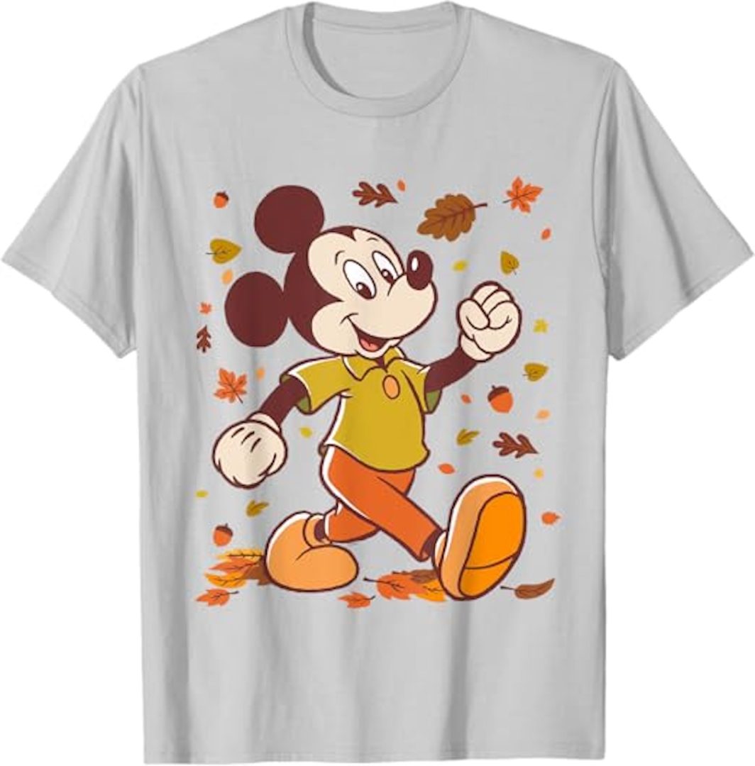 Amazon Merch on Demand Mickey Mouse Strolling Through Autumn Leaves Fall T-Shirt