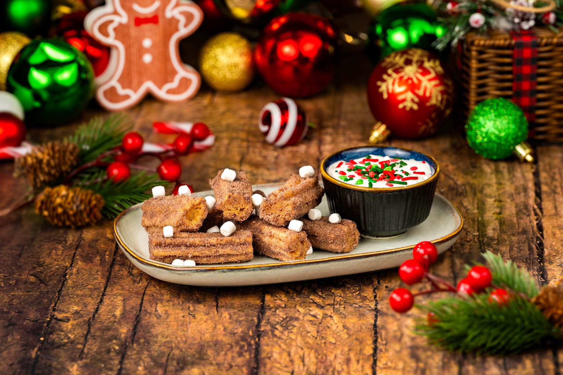 Mexican Hot Chocolate Mini Churros tossed with Hot Cocoa by Joffrey's Powder, cinnamon, and warm spices served with sprinkles and marshmallow fluff dip
