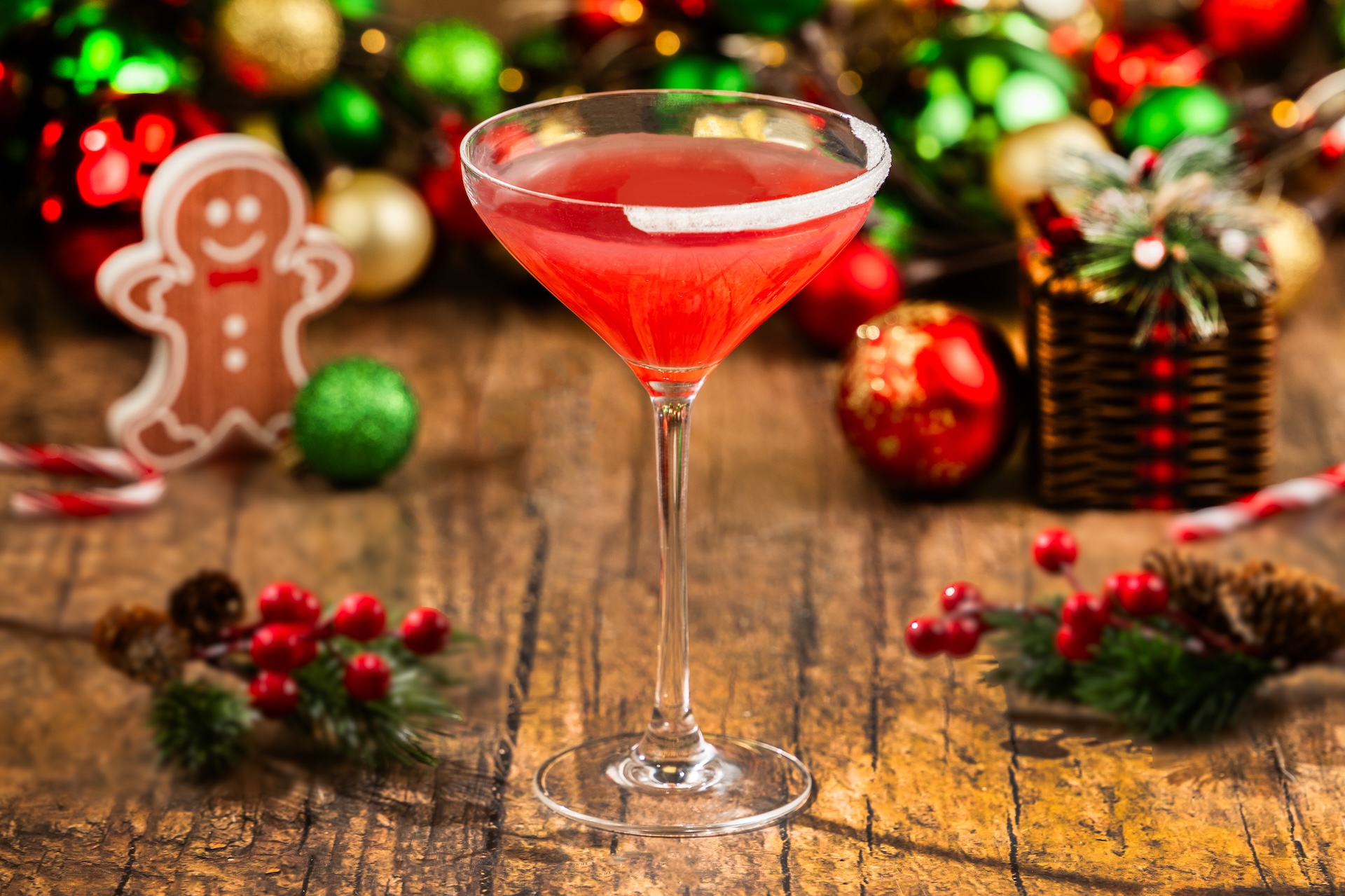 Holiday Cosmopolitan: Grainger's Deluxe Organic Vanilla Vodka, Cointreau Liqueur, and cranberry and lime juices garnished with a sugar rim
