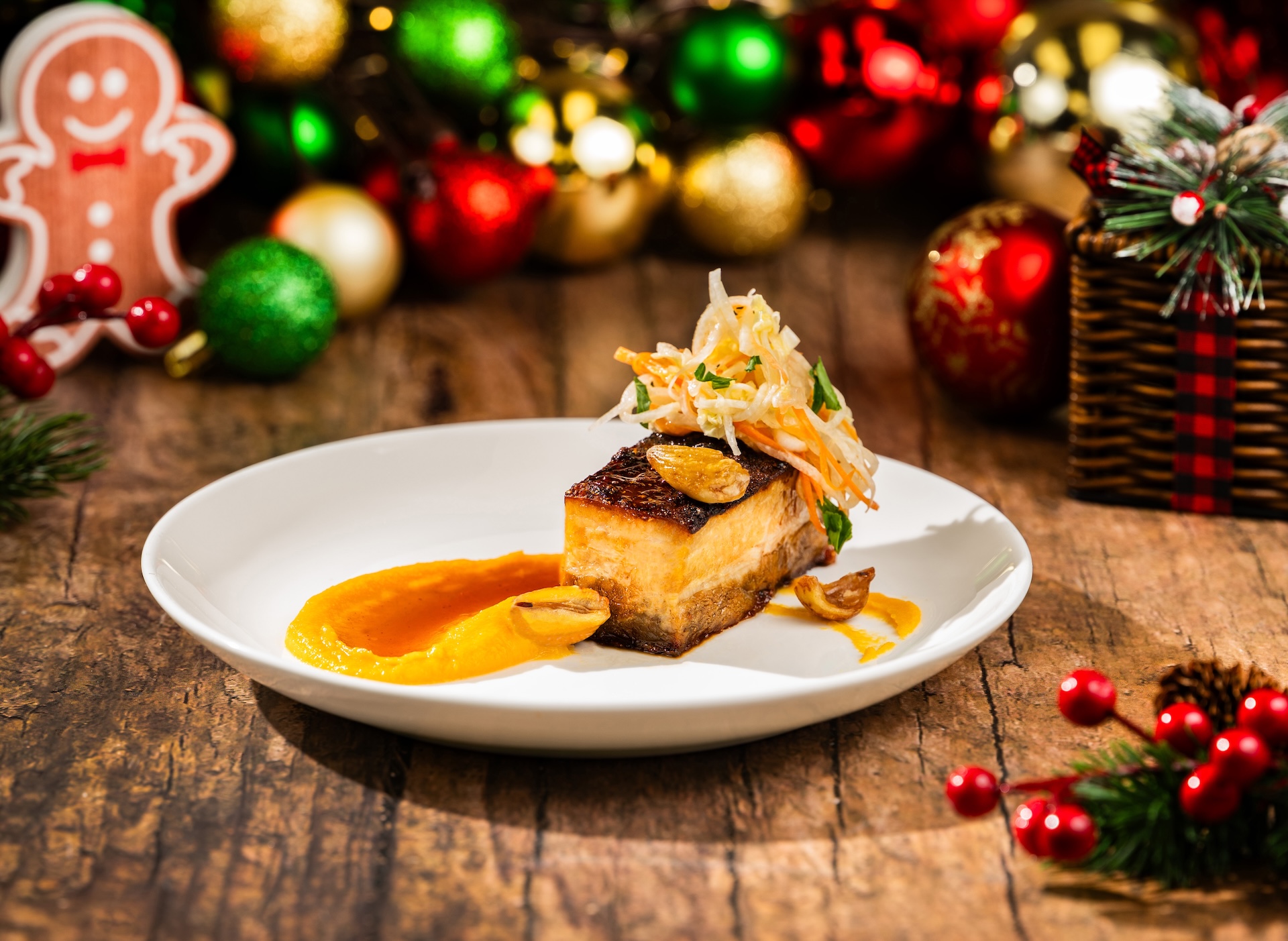 Crispy Pork Belly: Sweet potato purée, jicama slaw, chestnuts, and apple-cranberry glaze