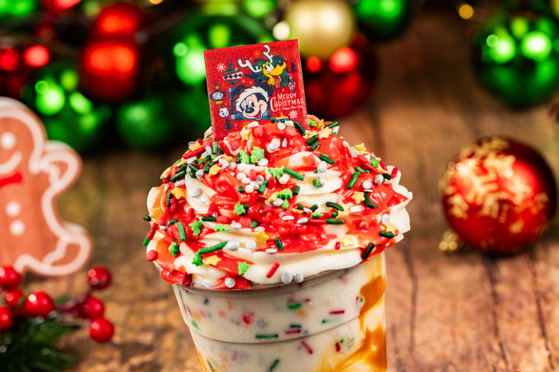 Ugly Sweater Shake: Vanilla shake topped with whipped cream, festive sprinkles, peppermint-white chocolate sauce, and a chocolate piece