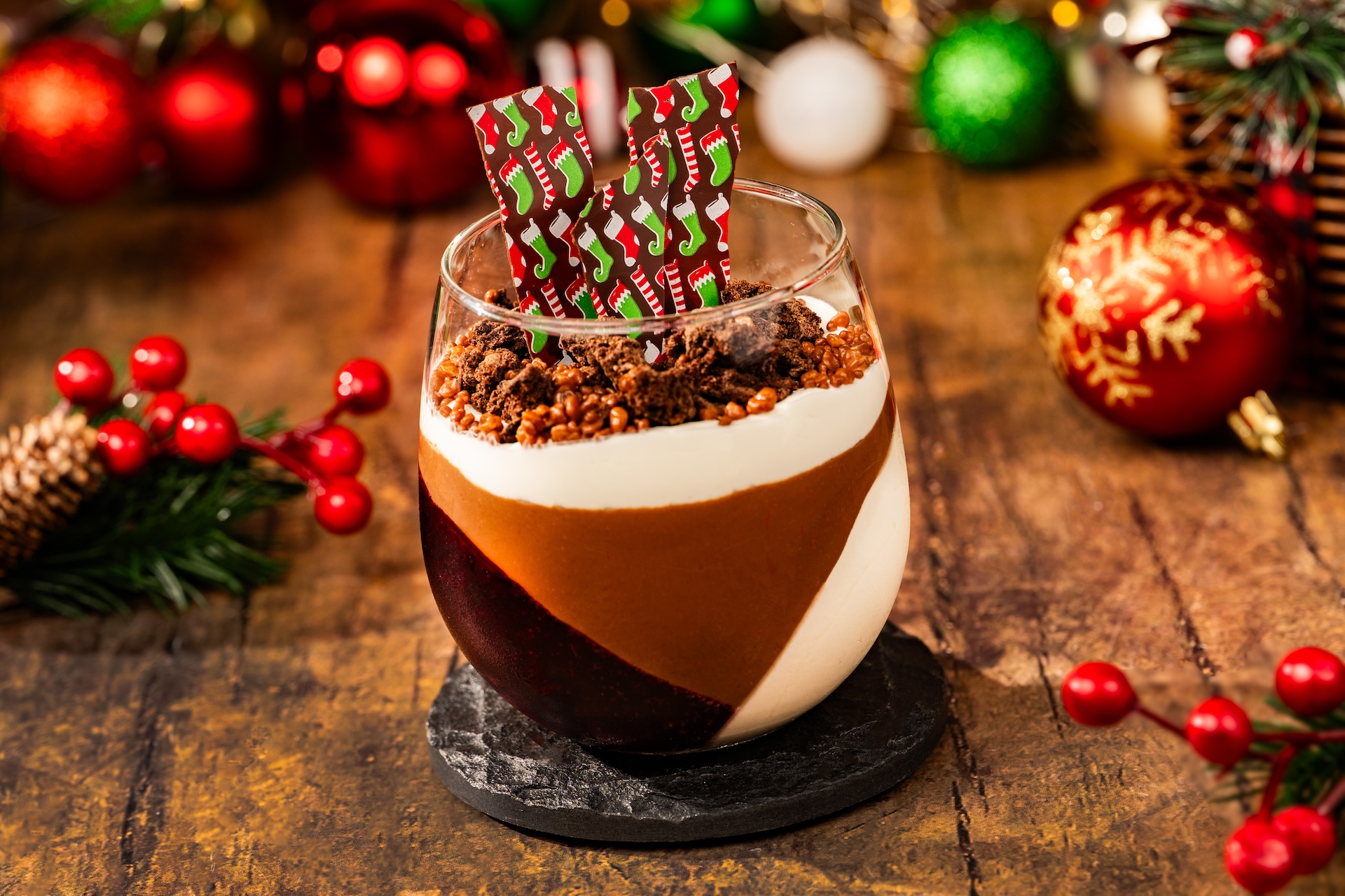 Flourless Black Forest Trifle: Layers of cherry liqueur compote, chocolate crémeux, chantilly cream, and festive chocolate pieces