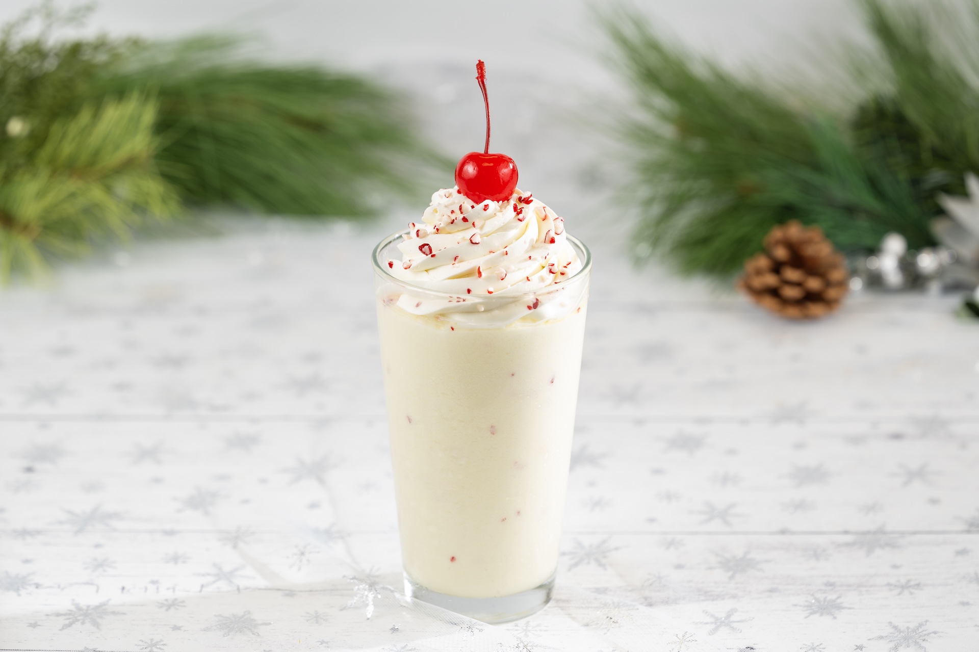 Candy Cane Shake: Choice of vanilla or chocolate peppermint shake with whipped cream, peppermint pieces, and a cherry (New) (Non-alcoholic)  