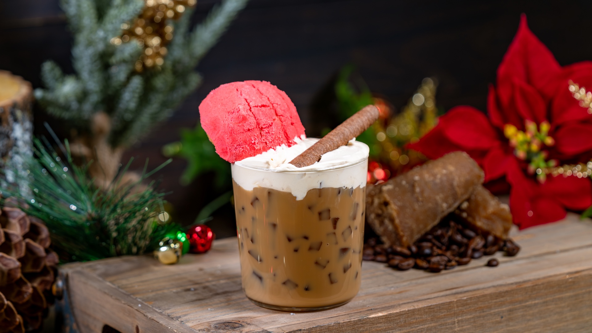 Café de Olla Cold Brew: Joffrey's Mexico Origin Coffee, whole and condensed milk, and house-made spiced piloncillo syrup topped with a chocolate dulce de leche sweet cream and garnished with a mini pan dulce (Non-alcoholic)