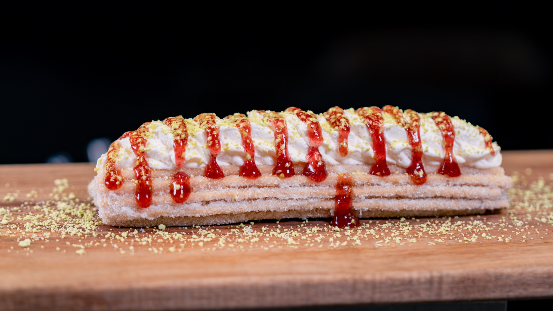 Strawberry Basil Churro: Strawberry sauce, basil dust, and whipped topping (New)