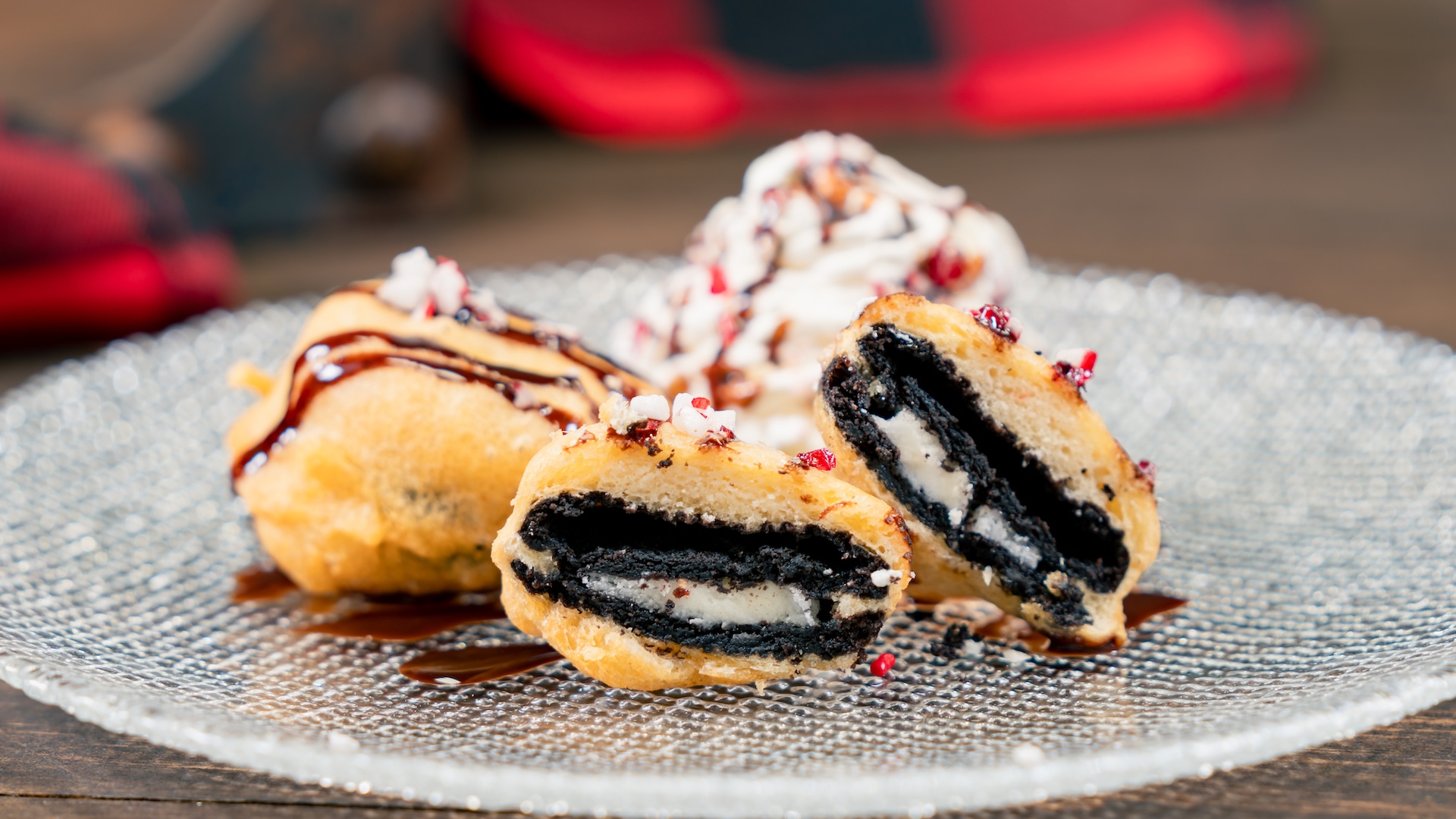 …Don’t forget the Milk & Cookies: Battered and fried crème-filled cookies with whipped topping, chocolate drizzle, and crushed peppermint candy (New) 