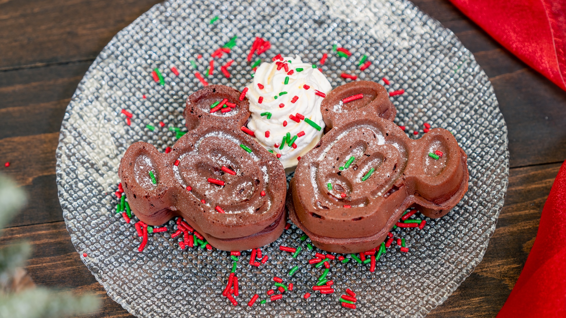 Red Velvet Mickey-shaped Waffles filled with cream cheese and topped with whipped topping (New) 