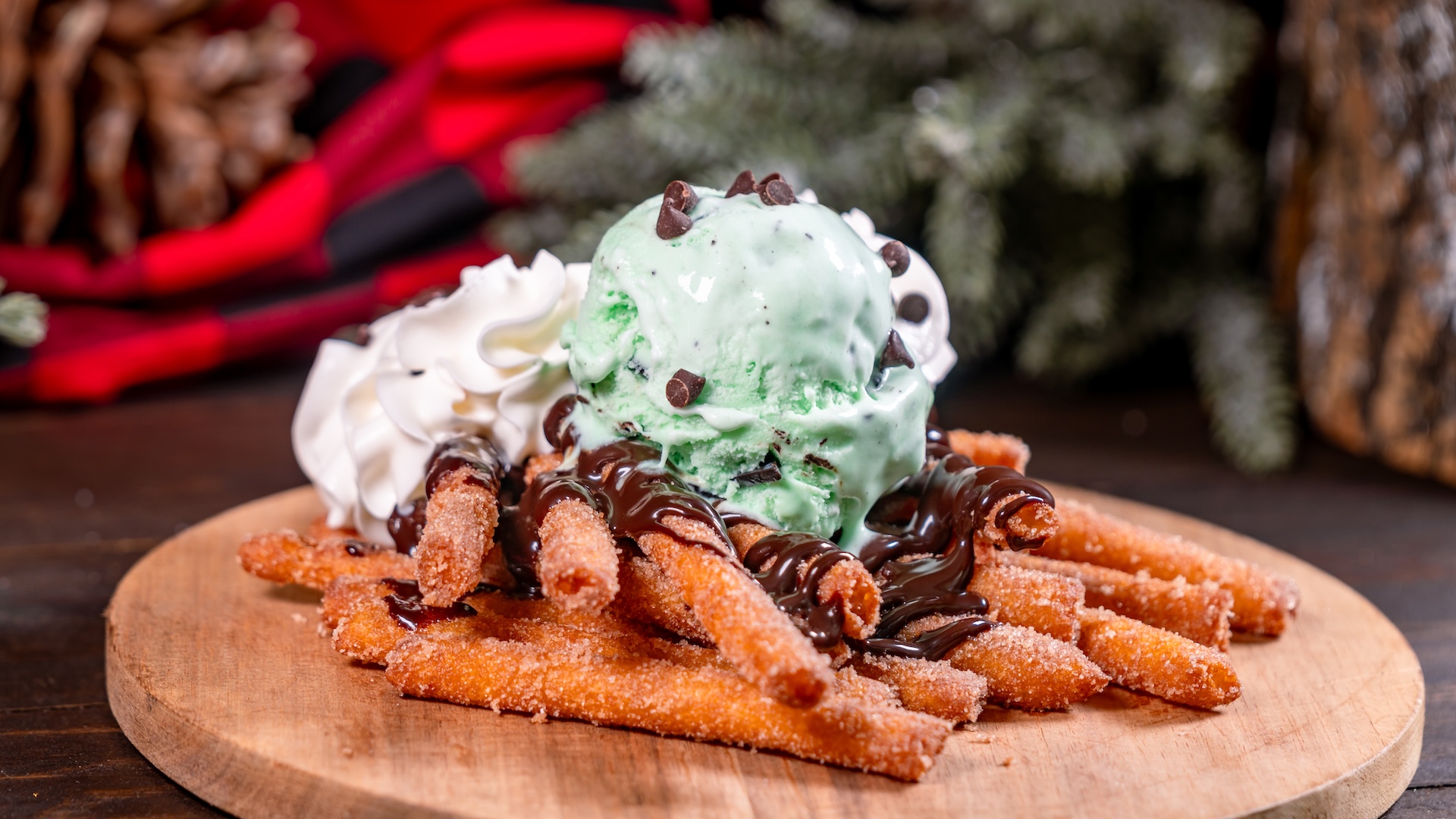 Mint Chip Funnel Cake Fries: Spiced hot cocoa sugar-dusted funnel cake fries, mint chip ice cream, whipped cream, and chocolate chips (New) 