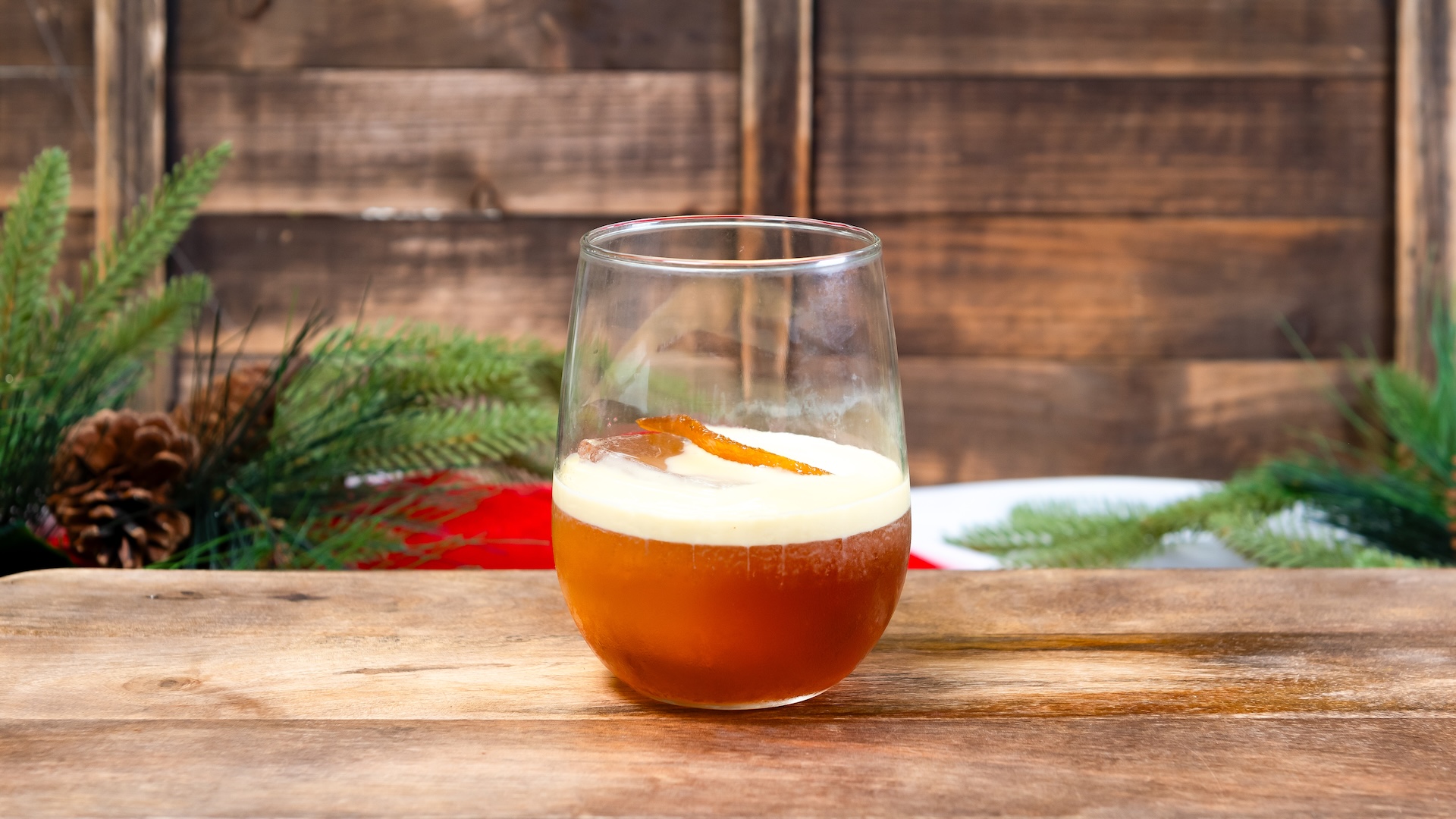 Eggnog Old Fashioned: Buffalo Trace Bourbon, bitters, orange-infused brown sugar syrup, and candied orange peel topped with eggnog cream (Available Nov. 14 through Jan. 7) 