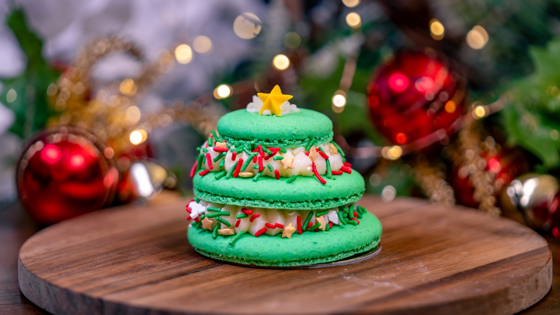 White Mocha-Peppermint Tree-shaped Macaron filled with peppermint buttercream and a coffee bundt cake center 