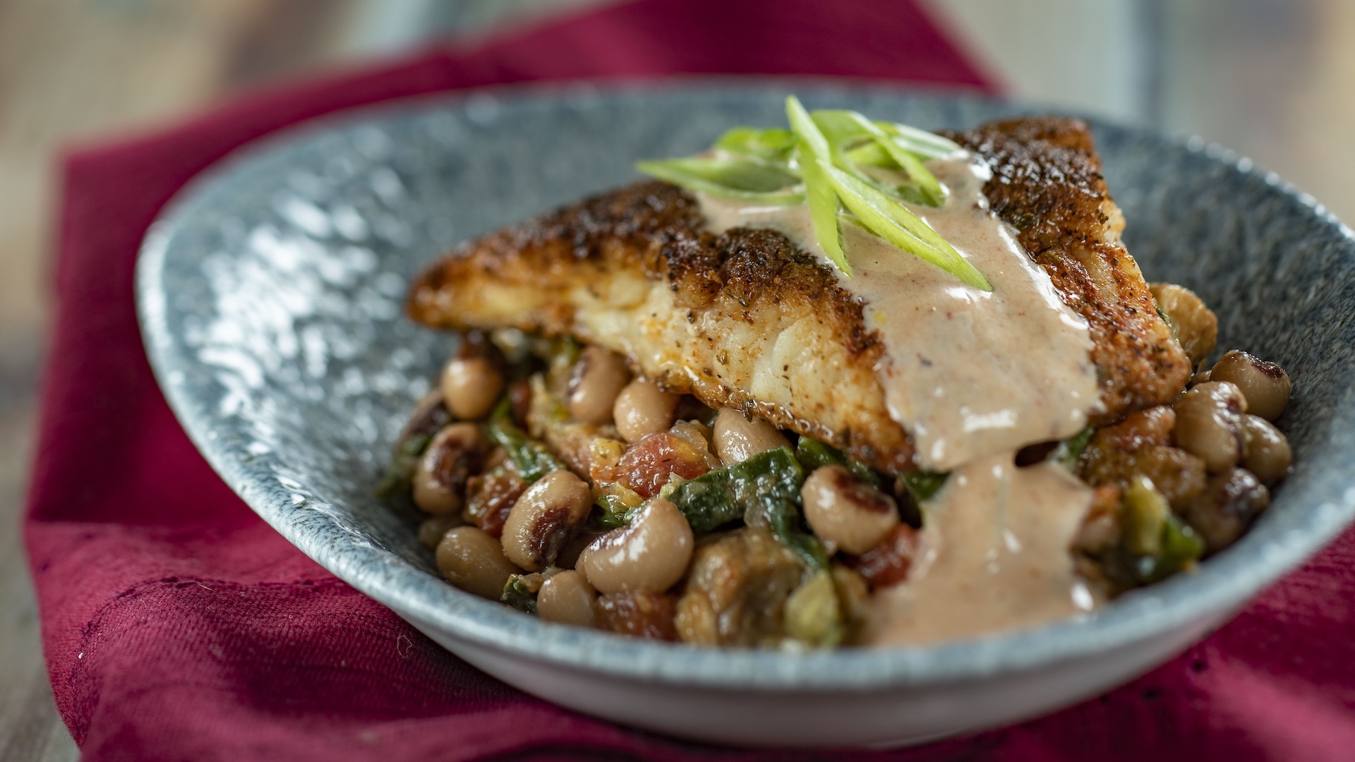 Blackened Catfish with Hoppin’ John and comeback sauce