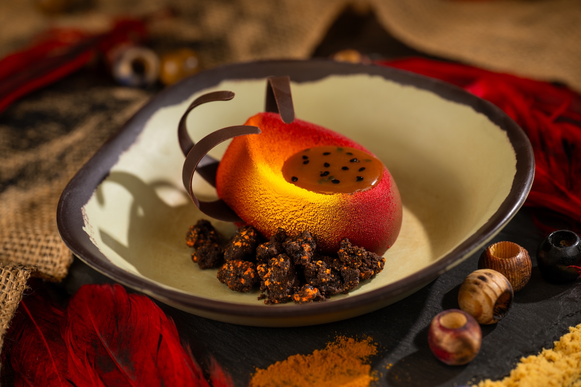 Mangkwan Mousse: Cinnamon-milk chocolate mousse, caramelized banana cake, banana-sesame caramel, and chocolate-sesame crumble 