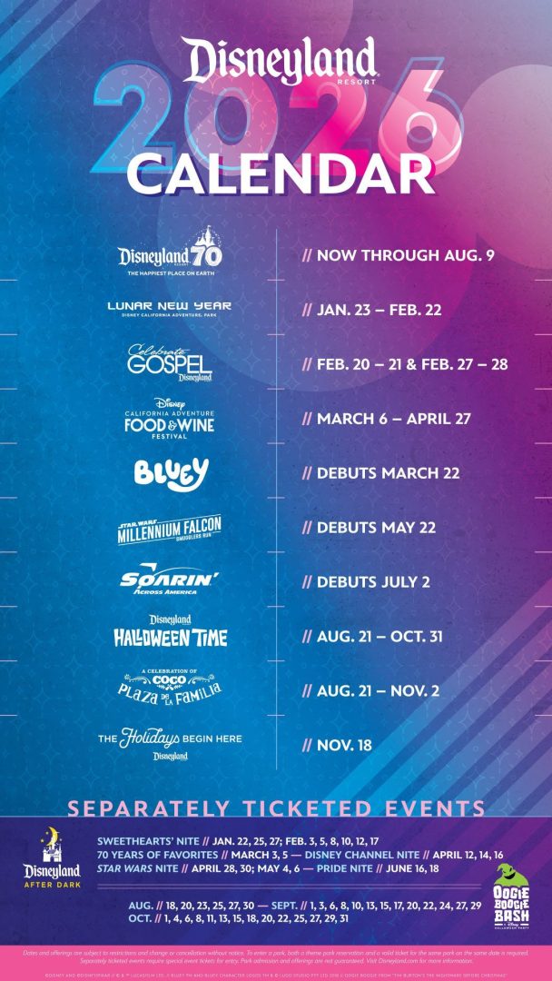 Disneyland Resort 2026 Calendar