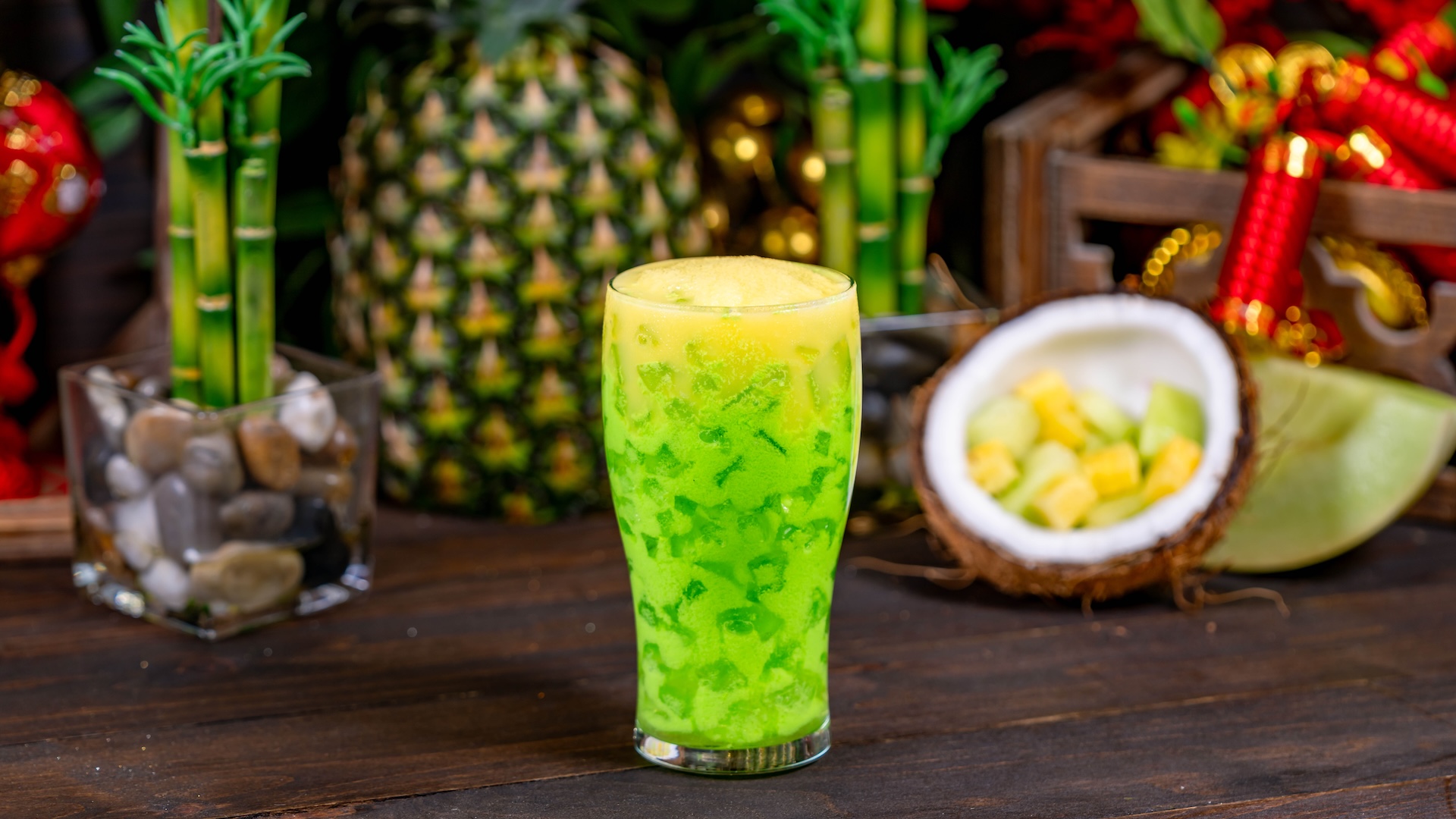 Honeydew Colada: Rum, melon liqueur, honeydew cream, coconut cream, and sweet and sour topped with a slushy made with DOLE Whip Pineapple (New)