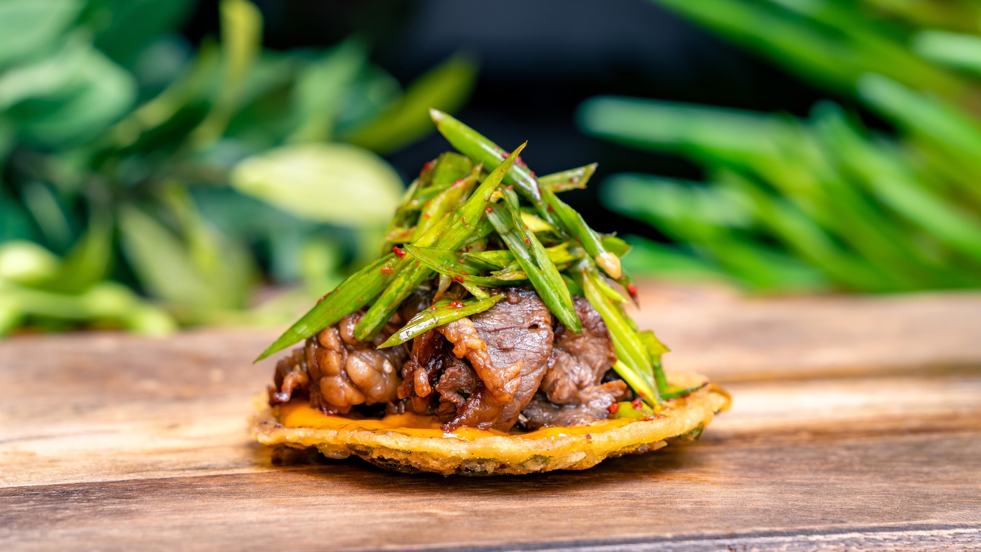 Scallion Pancake Tostada: Fried scallion pancake, bulgogi beef, kimchi aïoli, and spicy scallion salad