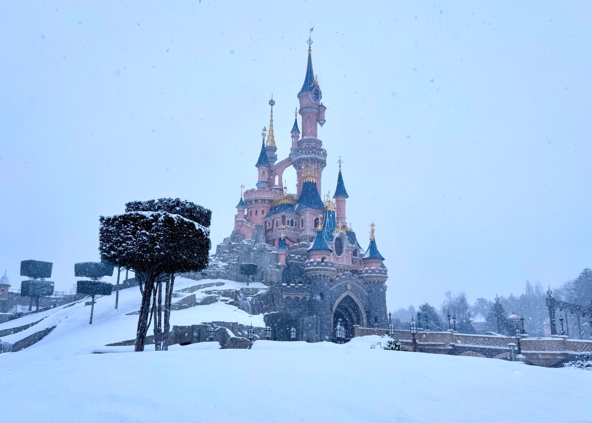 Sleeping Beauty Castle Covered in Snow